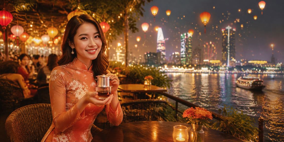 Người dùng Sài Gòn xem thông tin giao dịch nội địa trên điện thoại trong quán cà phê